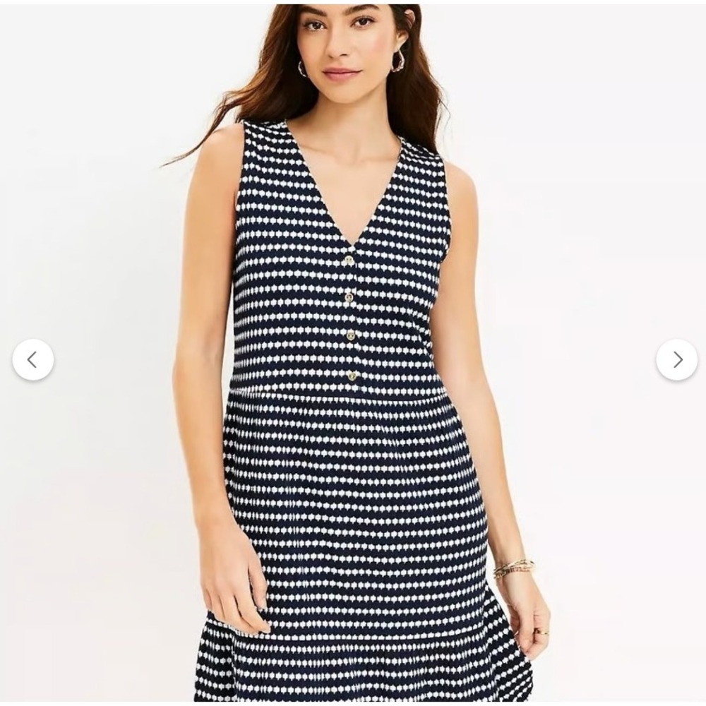 Loft Jacquard Dress Navy Blue White Button V-Neck Sleeveless Dress XSP XS Petite